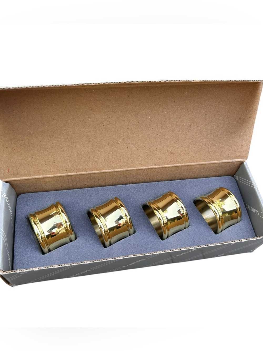 NIB Vintage Baldwin Dover Brass Napkin Rings 4 Elegant Dinner Party Classic